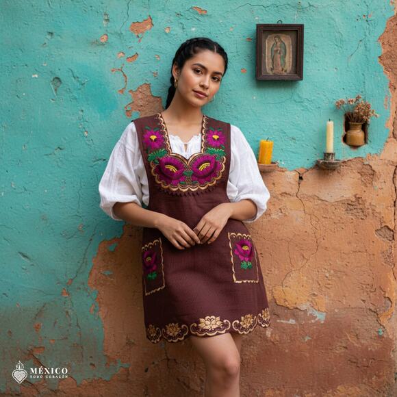 Brown Mexican Embroidered Apron – Standard Kitchen Apron Floral Embroidery - Picture 1 of 8